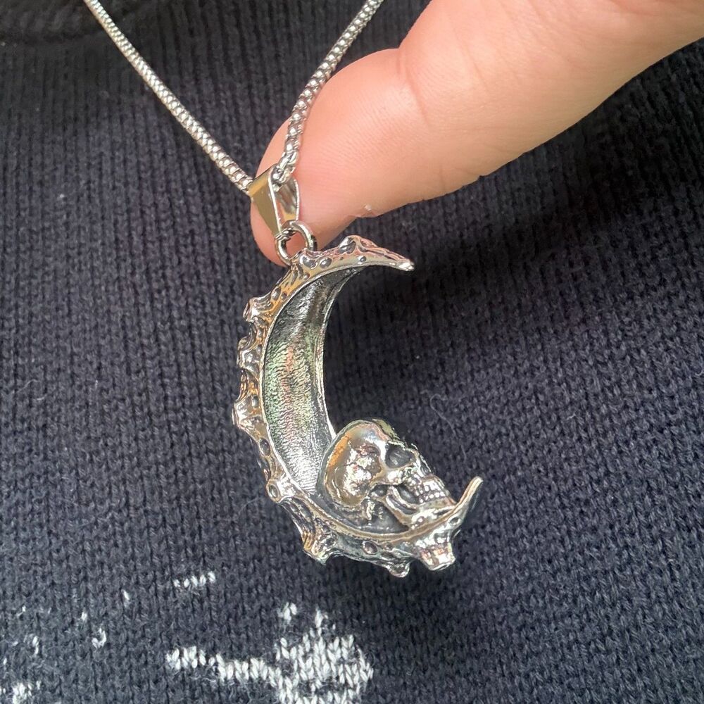 28" Gothic Skull Crescent Moon Pendant Necklace Stainless Steel Chain Witchy Alt